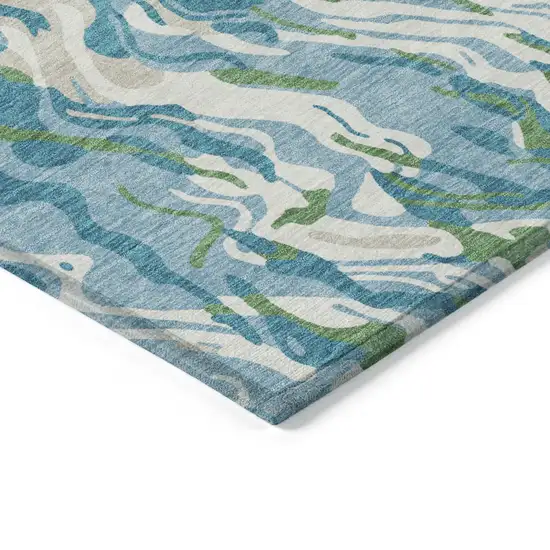 Teal Blue Ivory And Green Abstract Washable Indoor Outdoor Area Rug Photo 5