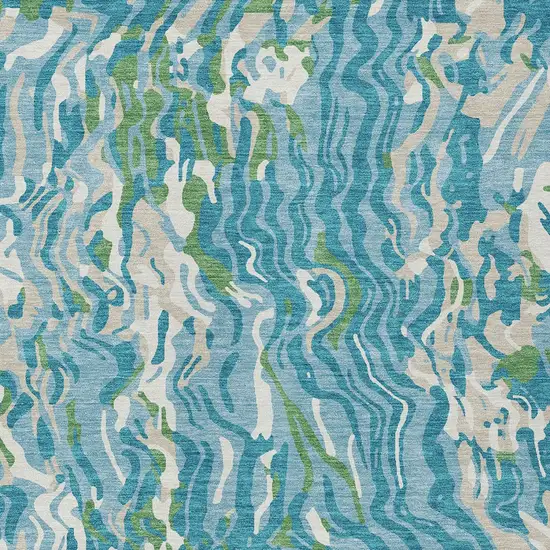 Teal Blue Ivory And Green Abstract Washable Indoor Outdoor Area Rug Photo 7