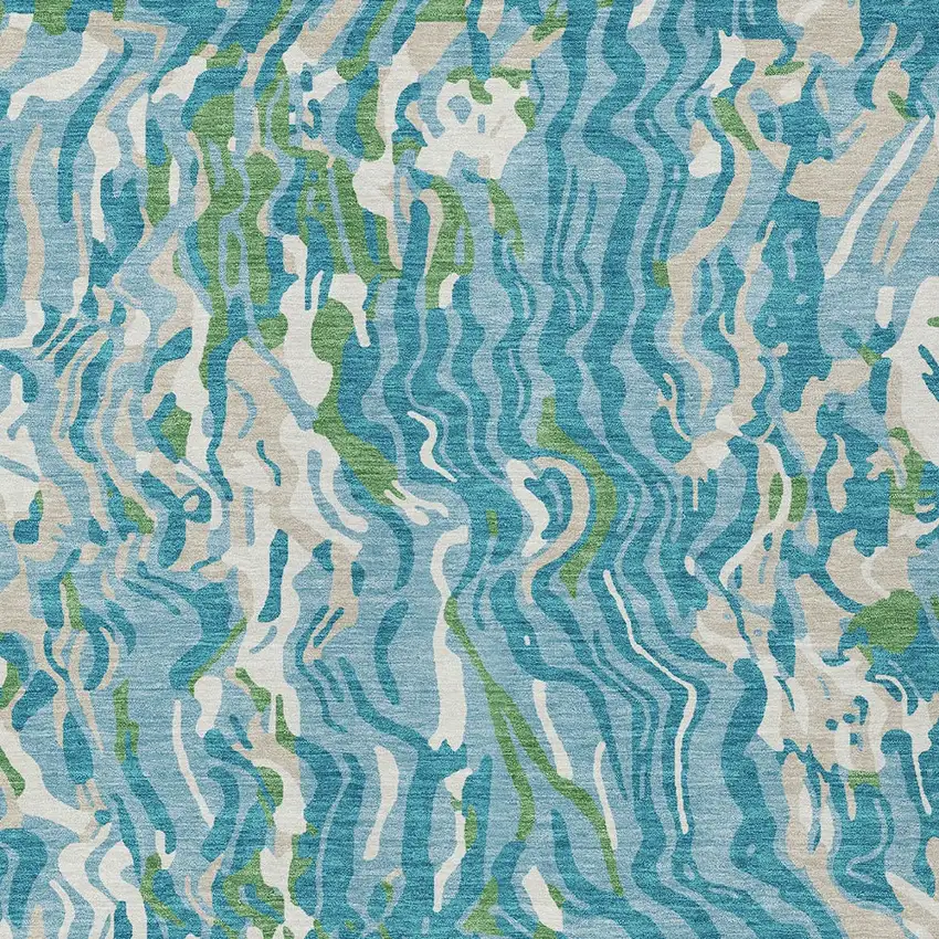 Teal Blue Ivory And Green Abstract Washable Indoor Outdoor Area Rug Photo 7