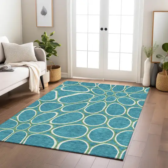 Teal Blue Ivory And Green Abstract Washable Indoor Outdoor Area Rug Photo 9