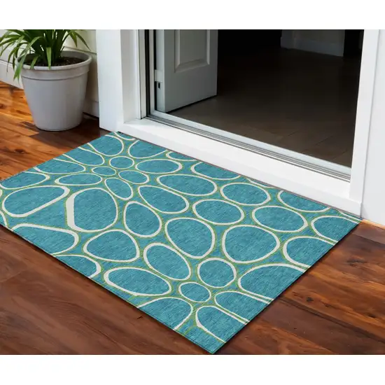 Teal Blue Ivory And Green Abstract Washable Indoor Outdoor Area Rug Photo 1