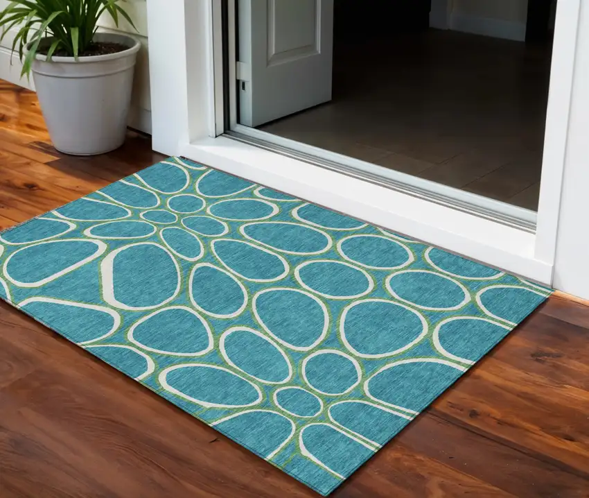 Teal Blue Ivory And Green Abstract Washable Indoor Outdoor Area Rug Photo 1