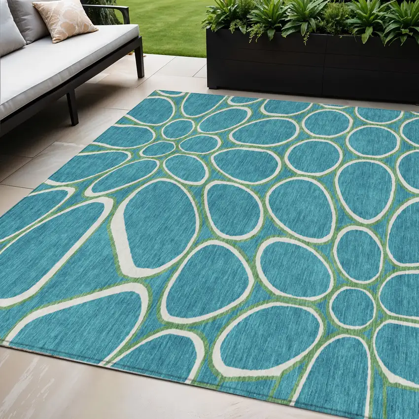 Teal Blue Ivory And Green Abstract Washable Indoor Outdoor Area Rug Photo 1