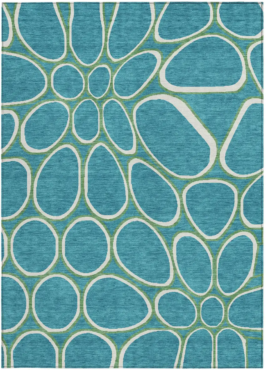 Teal Blue Ivory And Green Abstract Washable Indoor Outdoor Area Rug Photo 5
