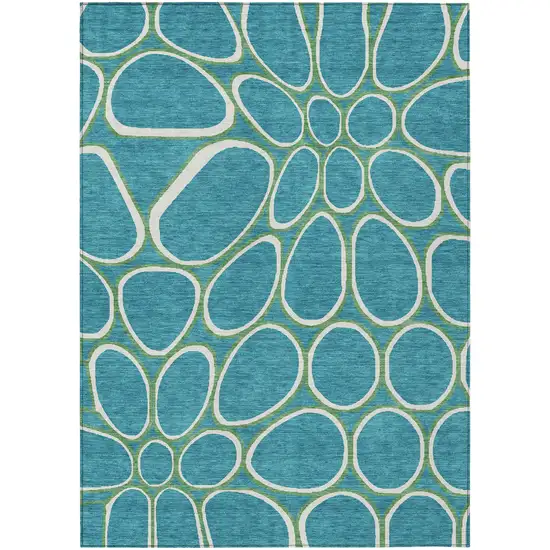 Teal Blue Ivory And Green Abstract Washable Indoor Outdoor Area Rug Photo 1