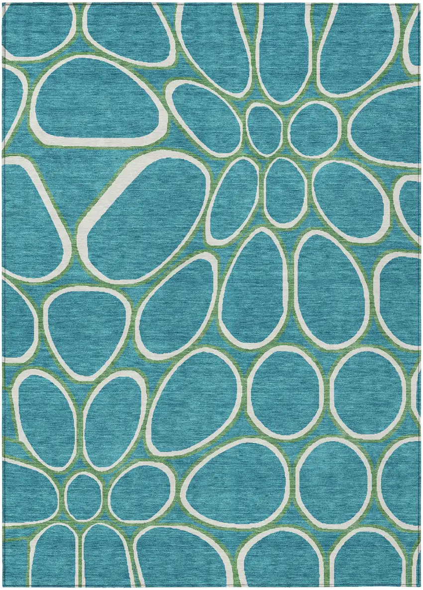Teal Blue Ivory And Green Abstract Washable Indoor Outdoor Area Rug Photo 1