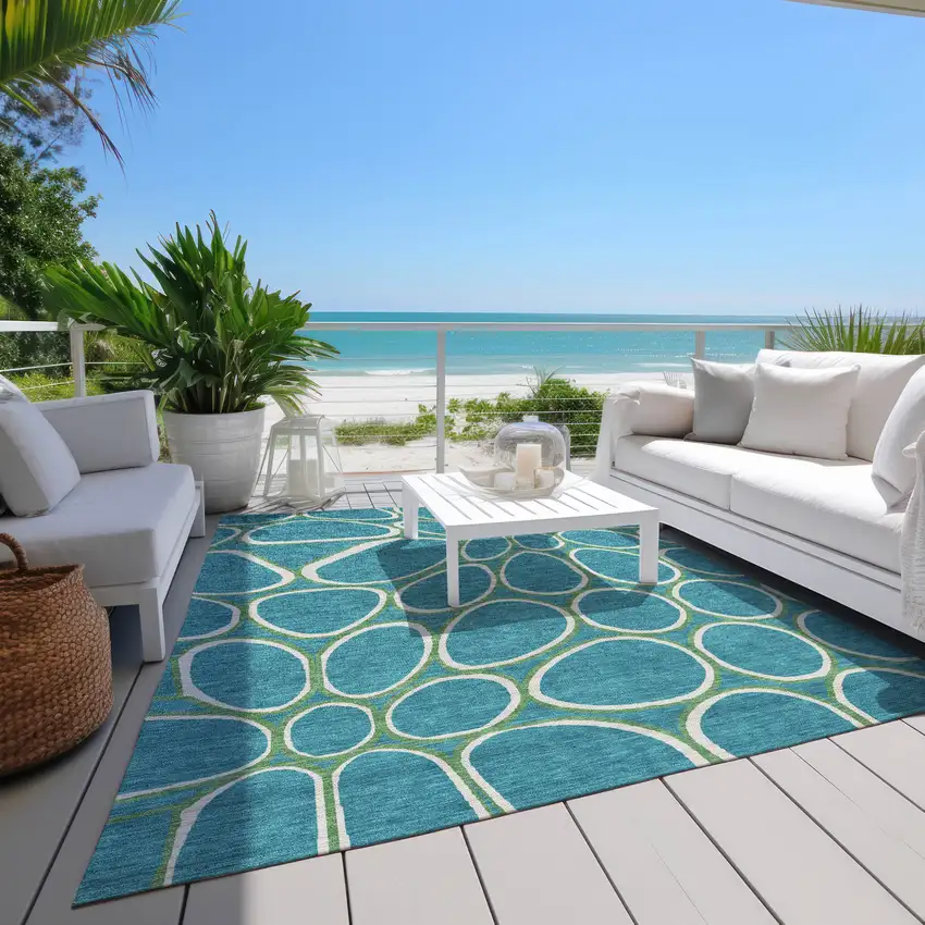 Teal Blue Ivory And Green Abstract Washable Indoor Outdoor Area Rug Photo 9