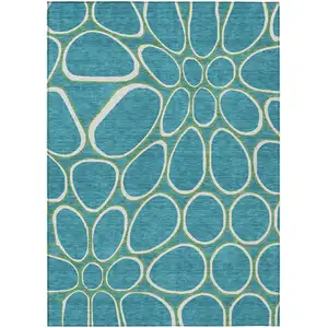 Photo of Teal Blue Ivory And Green Abstract Washable Indoor Outdoor Area Rug