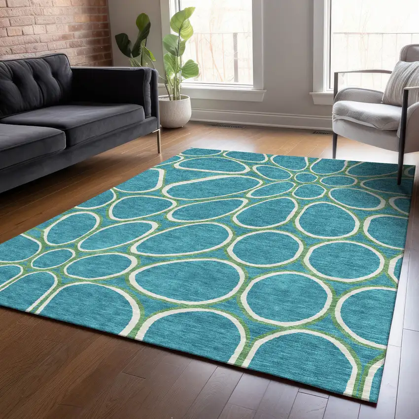 Teal Blue Ivory And Green Abstract Washable Indoor Outdoor Area Rug Photo 7