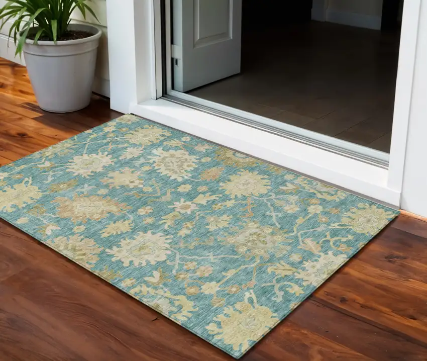 Teal Blue Ivory And Green Floral Washable Indoor Outdoor Area Rug Photo 1