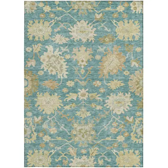Teal Blue Ivory And Green Floral Washable Indoor Outdoor Area Rug Photo 7