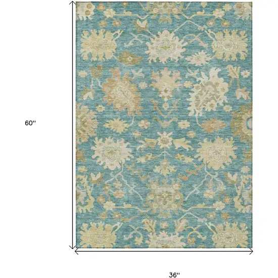Teal Blue Ivory And Green Floral Washable Indoor Outdoor Area Rug Photo 8