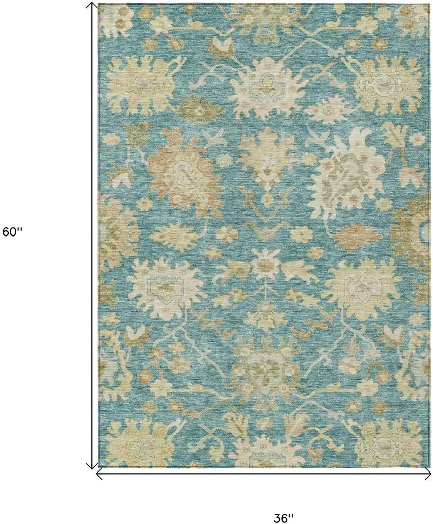 Teal Blue Ivory And Green Floral Washable Indoor Outdoor Area Rug Photo 8