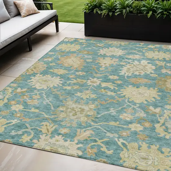 Teal Blue Ivory And Green Floral Washable Indoor Outdoor Area Rug Photo 1
