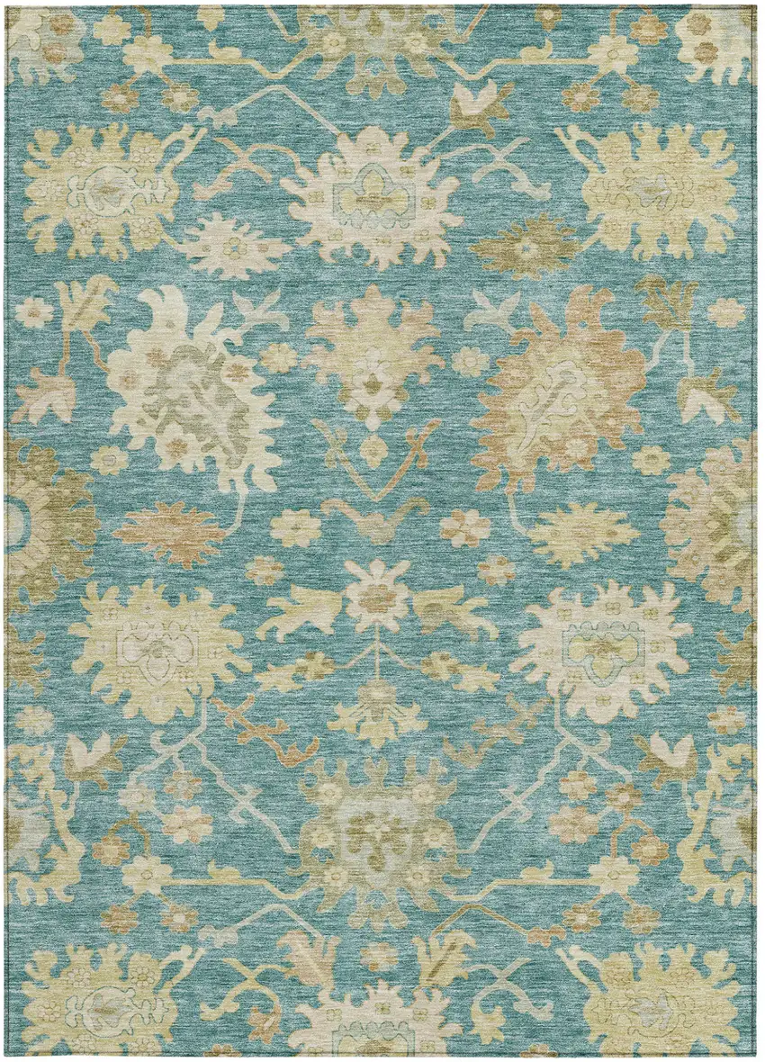 Teal Blue Ivory And Green Floral Washable Indoor Outdoor Area Rug Photo 7
