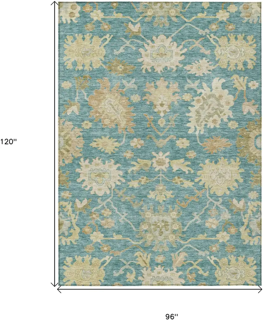 Teal Blue Ivory And Green Floral Washable Indoor Outdoor Area Rug Photo 8
