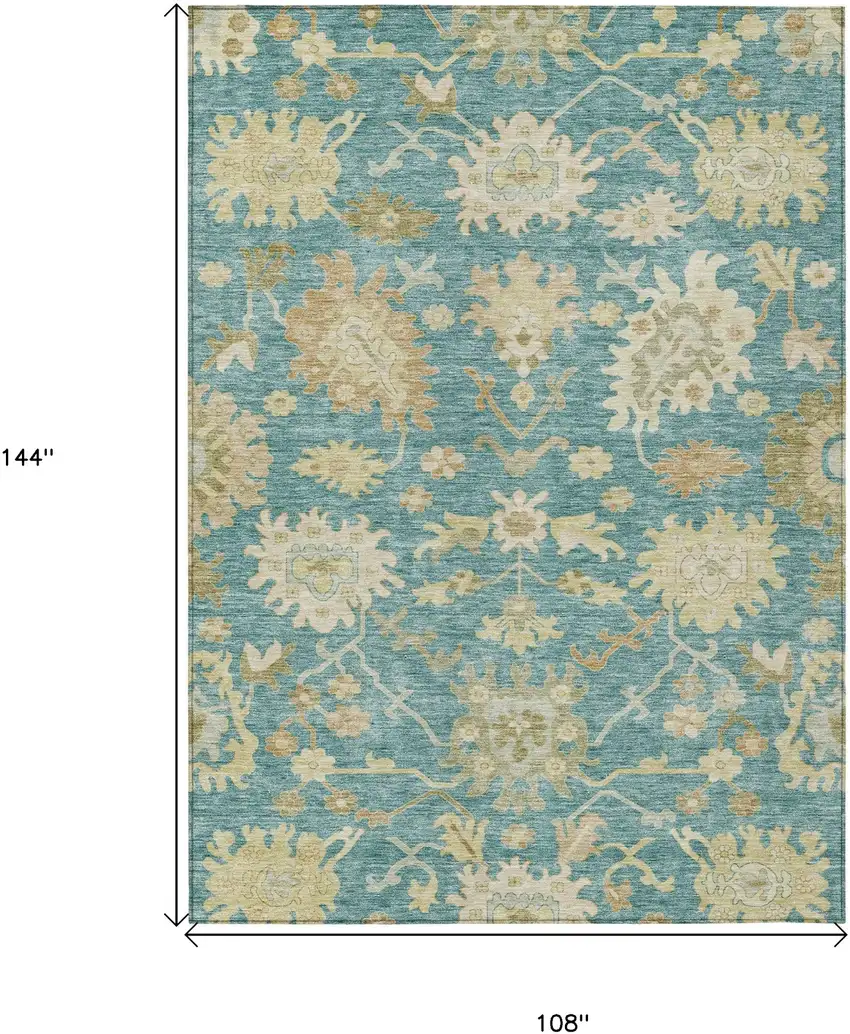 Teal Blue Ivory And Green Floral Washable Indoor Outdoor Area Rug Photo 8