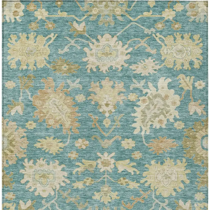 Teal Blue Ivory And Green Floral Washable Indoor Outdoor Area Rug Photo 7