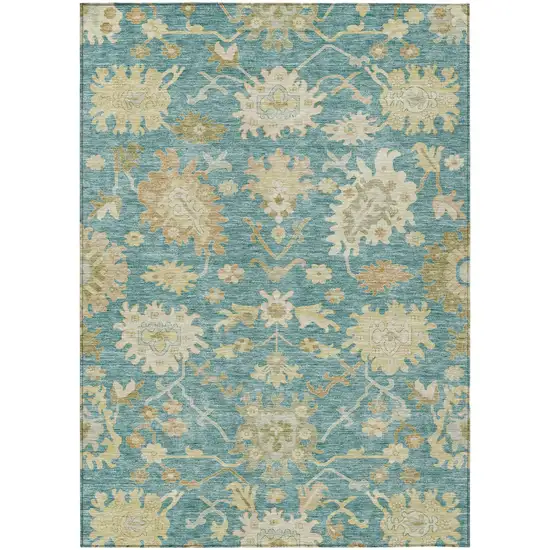 Teal Blue Ivory And Green Floral Washable Indoor Outdoor Area Rug Photo 2