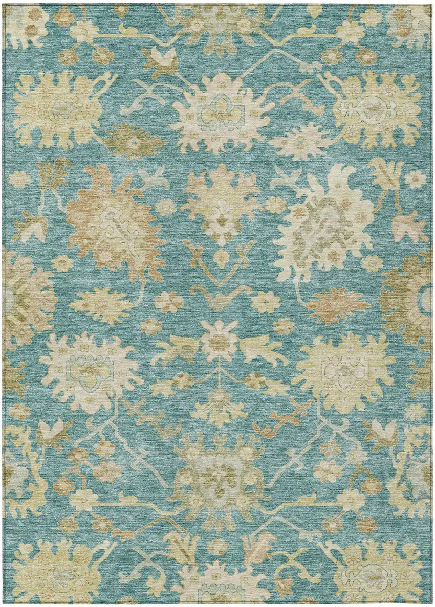 Teal Blue Ivory And Green Floral Washable Indoor Outdoor Area Rug Photo 2