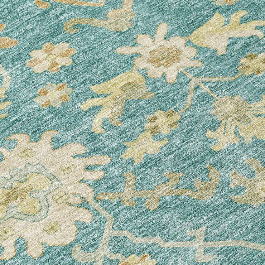 Teal Blue Ivory And Green Floral Washable Indoor Outdoor Area Rug Photo 5