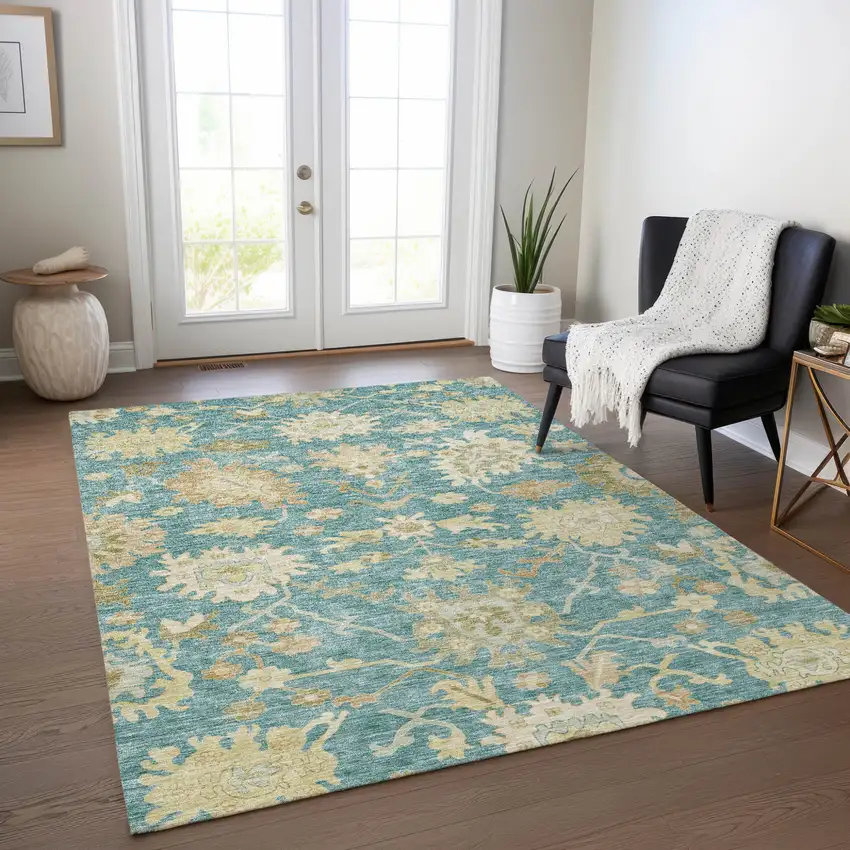 Teal Blue Ivory And Green Floral Washable Indoor Outdoor Area Rug Photo 9