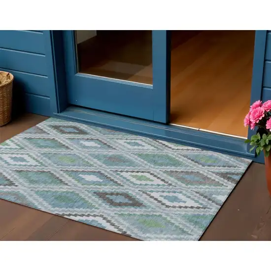 Teal Blue Ivory And Green Geometric Washable Indoor Outdoor Area Rug Photo 1