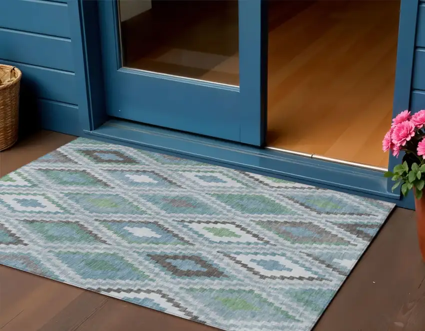 Teal Blue Ivory And Green Geometric Washable Indoor Outdoor Area Rug Photo 1