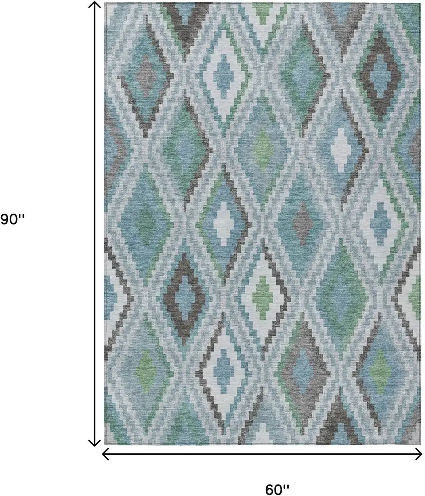 Teal Blue Ivory And Green Geometric Washable Indoor Outdoor Area Rug Photo 3