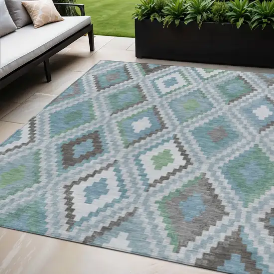 Teal Blue Ivory And Green Geometric Washable Indoor Outdoor Area Rug Photo 1