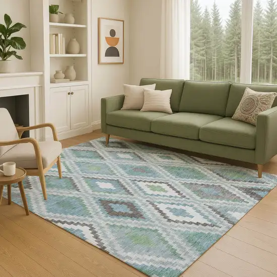 Teal Blue Ivory And Green Geometric Washable Indoor Outdoor Area Rug Photo 8