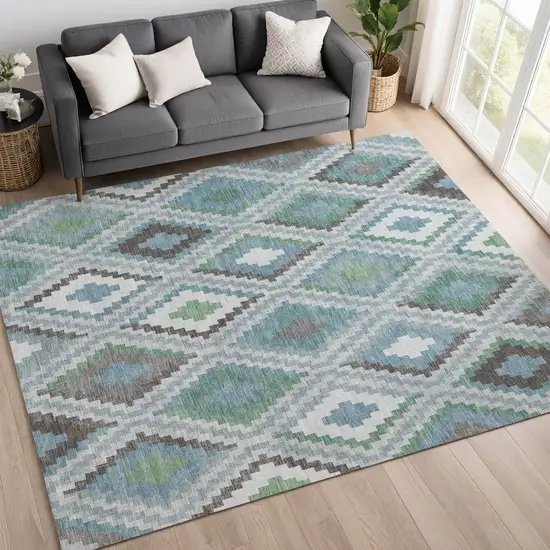 Teal Blue Ivory And Green Geometric Washable Indoor Outdoor Area Rug Photo 9