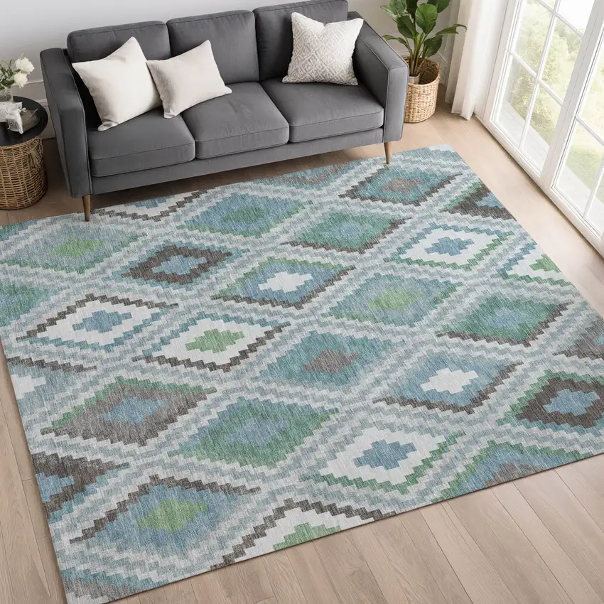 Teal Blue Ivory And Green Geometric Washable Indoor Outdoor Area Rug Photo 9