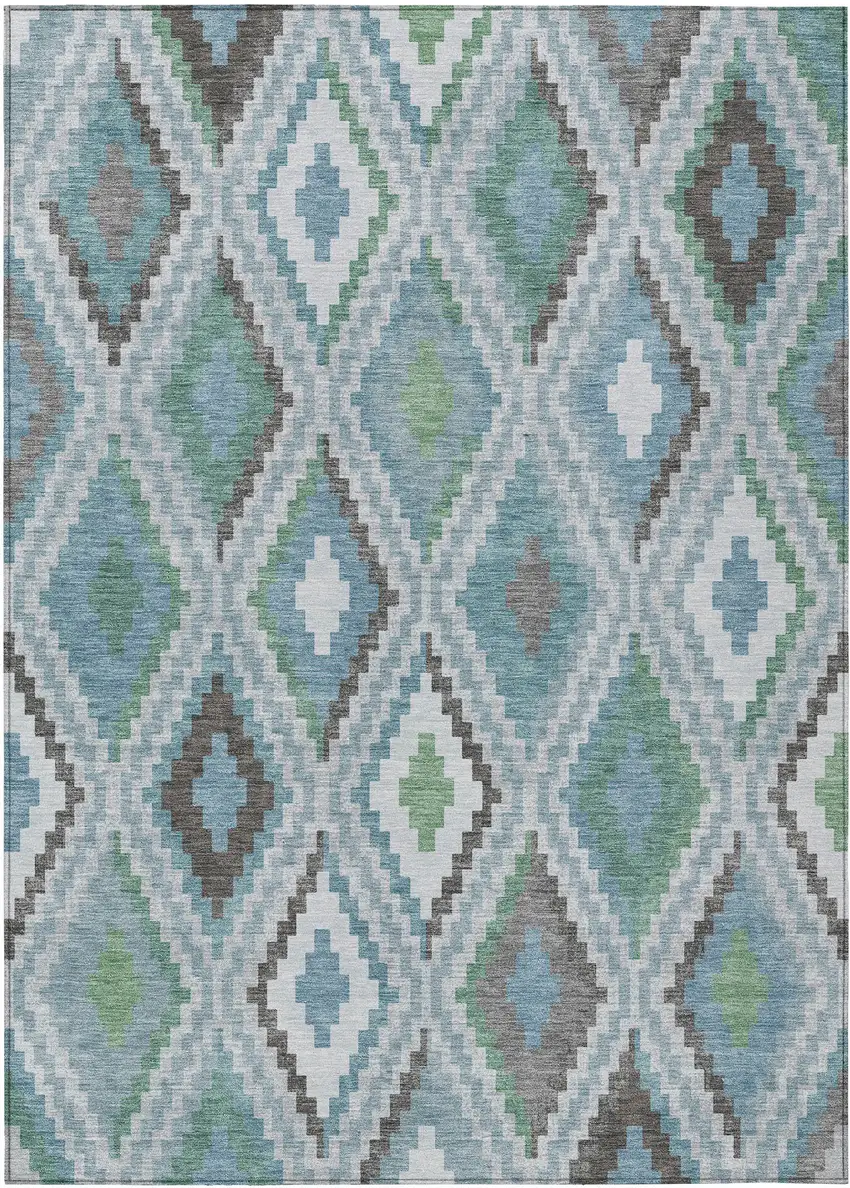 Teal Blue Ivory And Green Geometric Washable Indoor Outdoor Area Rug Photo 2