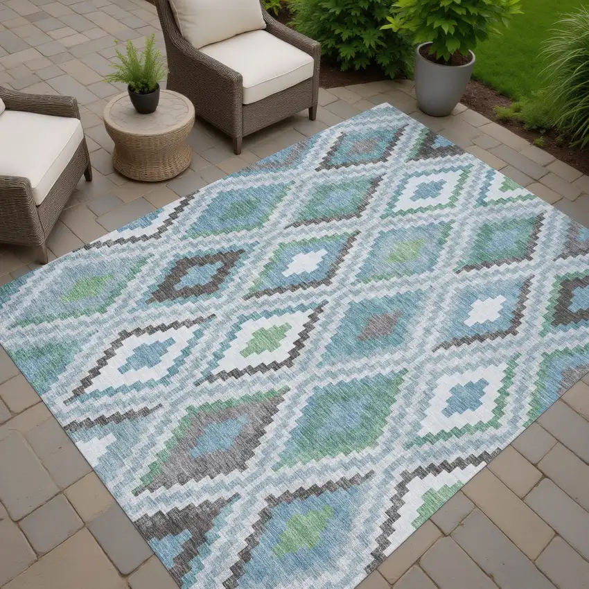 Teal Blue Ivory And Green Geometric Washable Indoor Outdoor Area Rug Photo 7