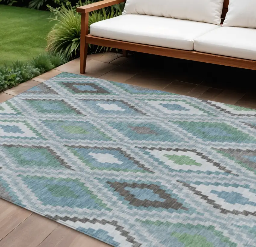 Teal Blue Ivory And Green Geometric Washable Indoor Outdoor Area Rug Photo 1