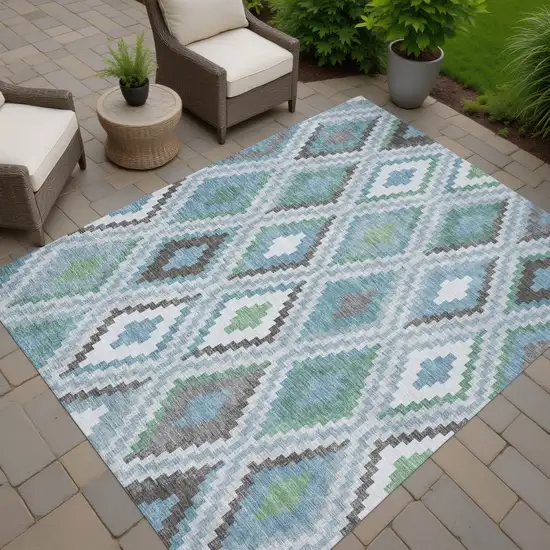Teal Blue Ivory And Green Geometric Washable Indoor Outdoor Area Rug Photo 8