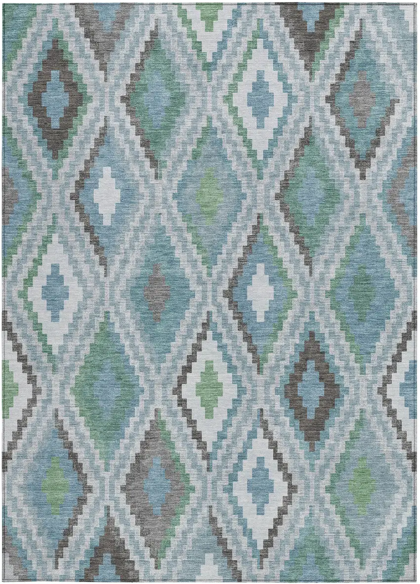 Teal Blue Ivory And Green Geometric Washable Indoor Outdoor Area Rug Photo 4