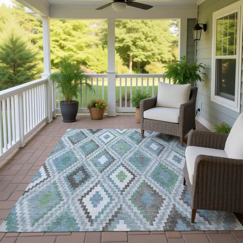 Teal Blue Ivory And Green Geometric Washable Indoor Outdoor Area Rug Photo 9