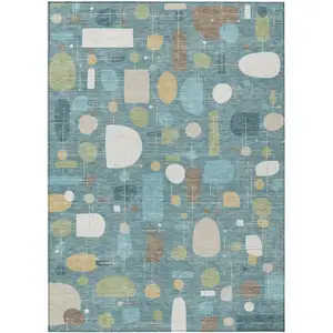 Photo of Teal Blue Ivory And Green Geometric Washable Indoor Outdoor Area Rug