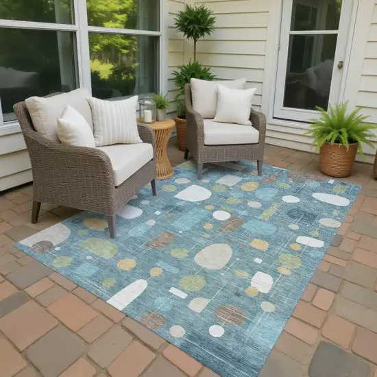 Teal Blue Ivory And Green Geometric Washable Indoor Outdoor Area Rug Photo 4