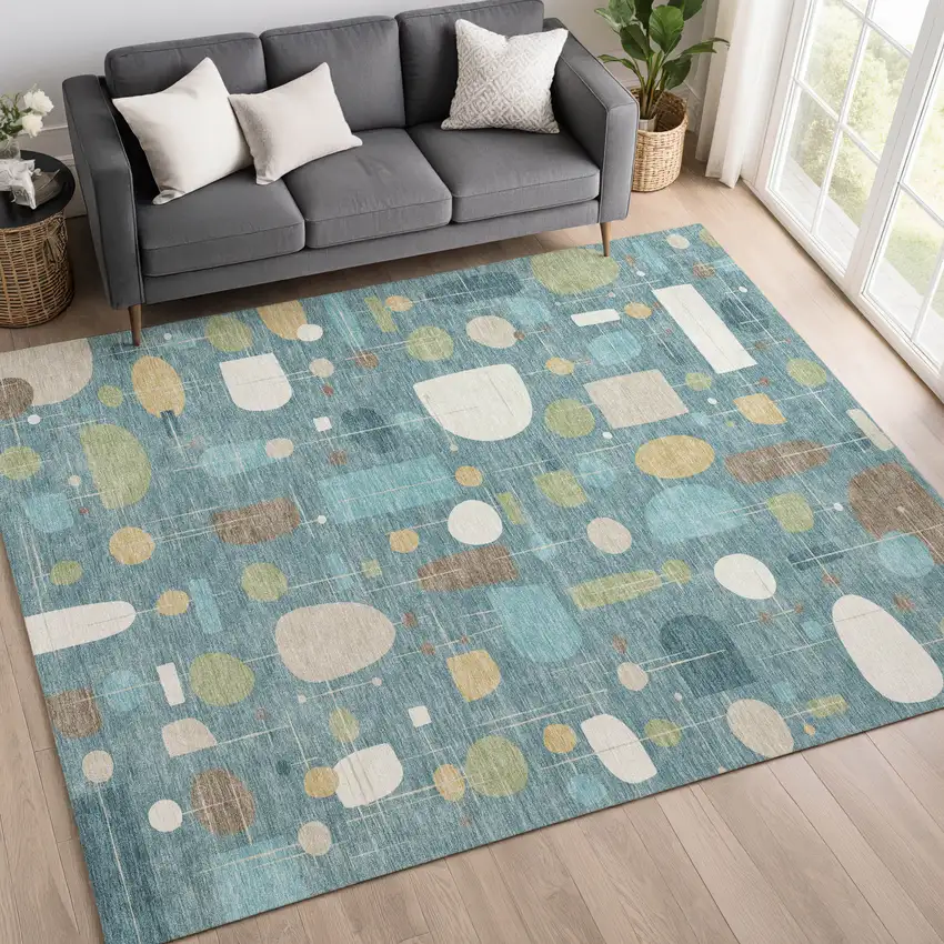 Teal Blue Ivory And Green Geometric Washable Indoor Outdoor Area Rug Photo 5