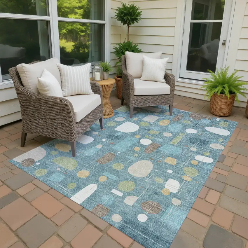 Teal Blue Ivory And Green Geometric Washable Indoor Outdoor Area Rug Photo 4