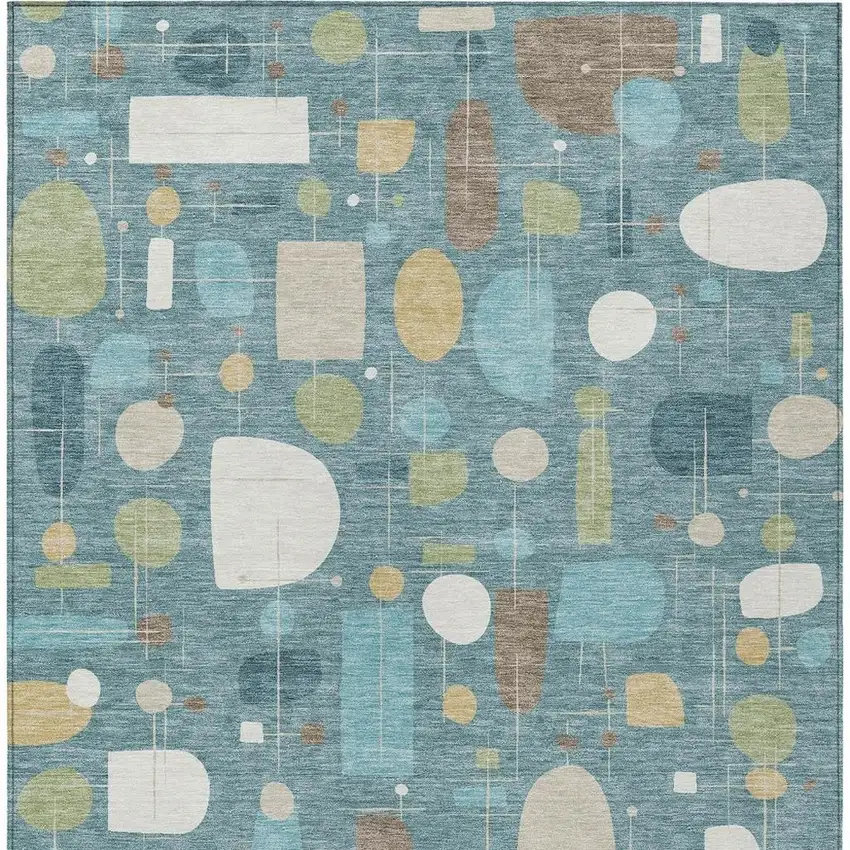 Teal Blue Ivory And Green Geometric Washable Indoor Outdoor Area Rug Photo 3