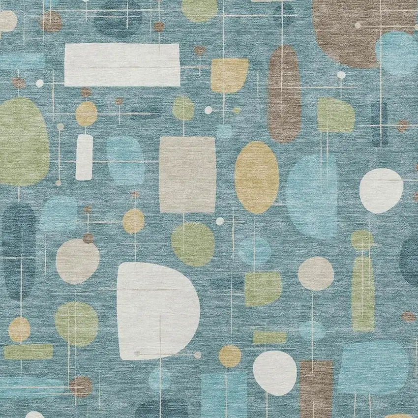 Teal Blue Ivory And Green Geometric Washable Indoor Outdoor Area Rug Photo 2