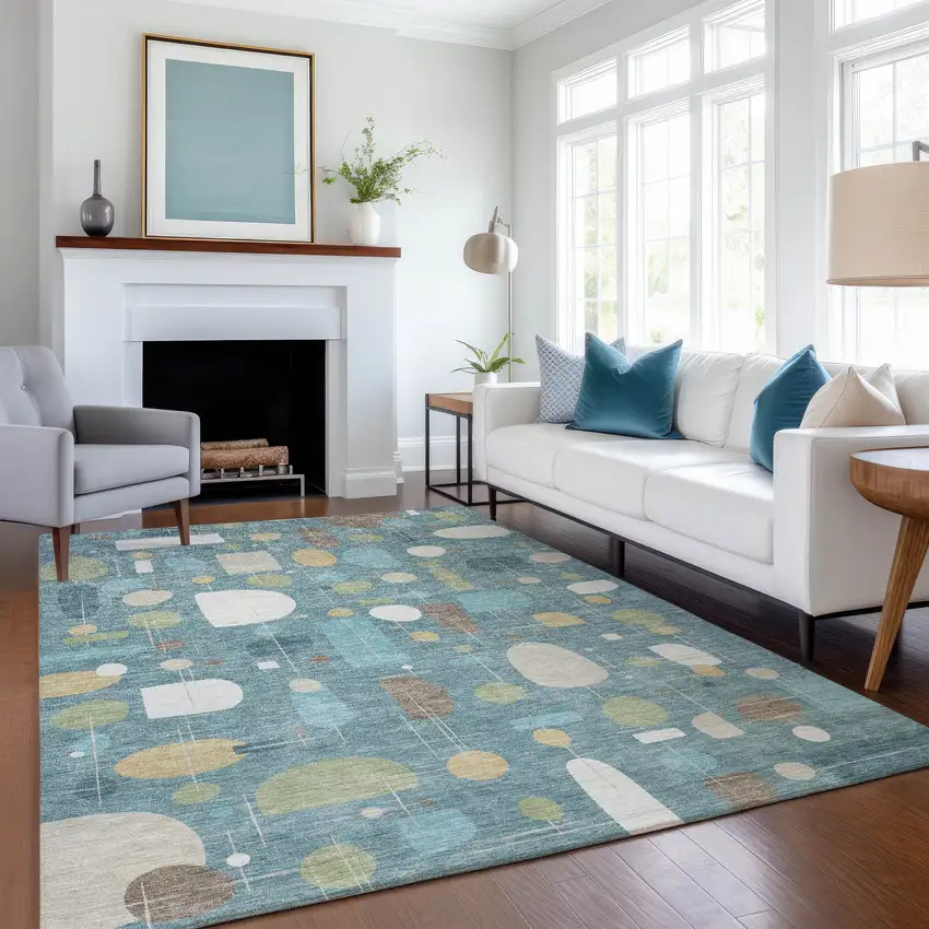 Teal Blue Ivory And Green Geometric Washable Indoor Outdoor Area Rug Photo 6