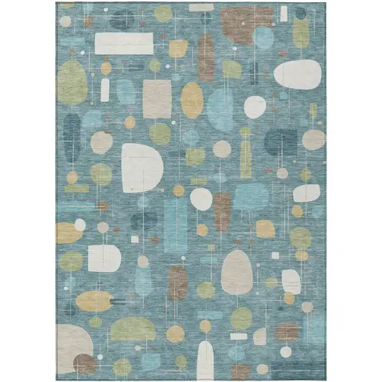 Teal Blue Ivory And Green Geometric Washable Indoor Outdoor Area Rug Photo 1