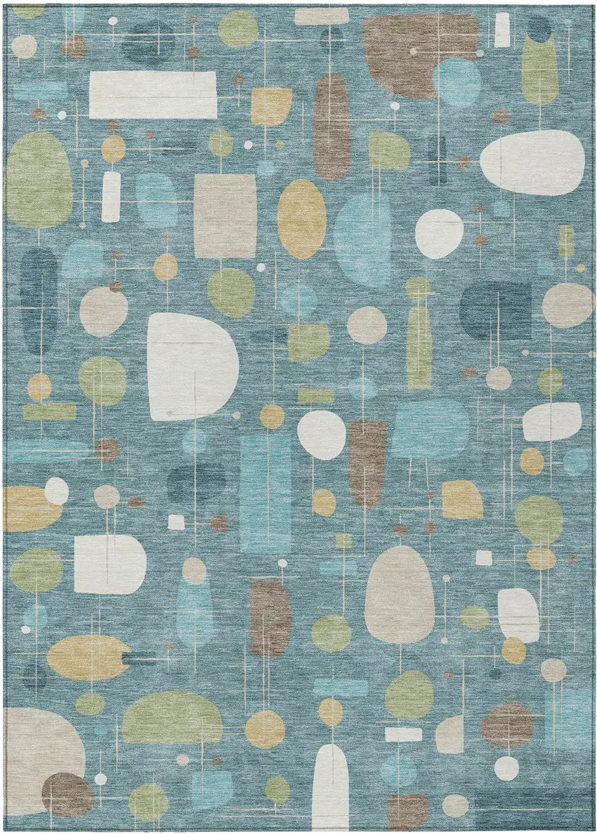 Teal Blue Ivory And Green Geometric Washable Indoor Outdoor Area Rug Photo 1