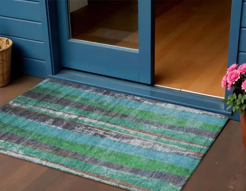 Teal Blue Ivory And Green Striped Washable Indoor Outdoor Area Rug Photo 2