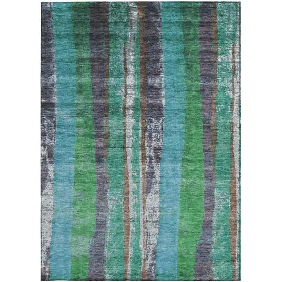 Teal Blue Ivory And Green Striped Washable Indoor Outdoor Area Rug Photo 9
